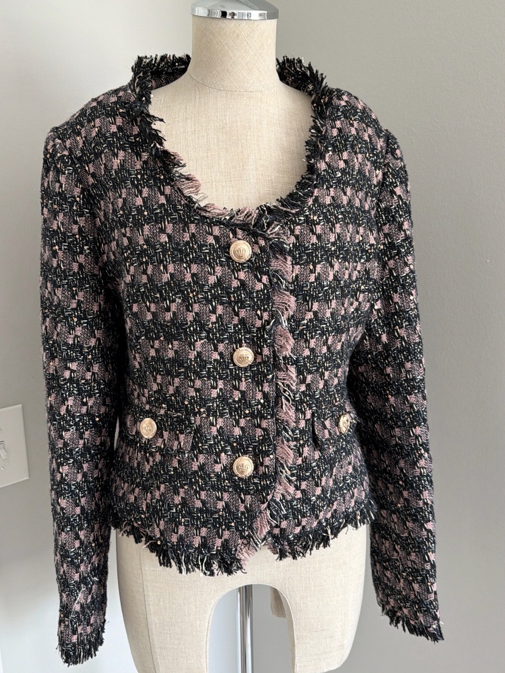 Walter Baker Inaya Jacket Women’s Black/Pink Fringe Tweed Gold Buttons Lined L